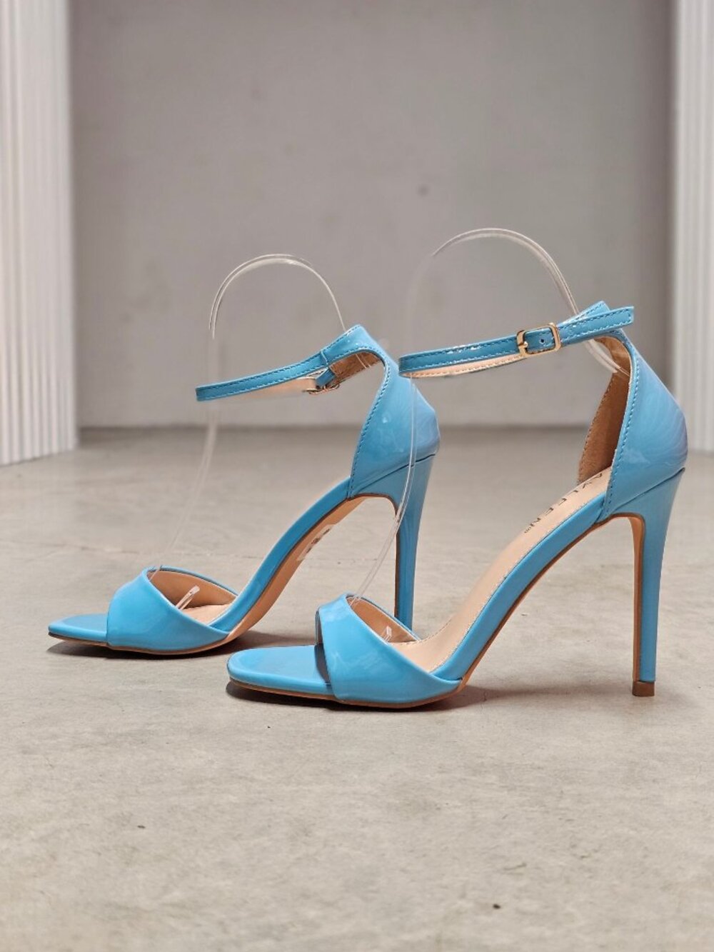 Elegant Blue Patent Leather Stiletto Heels With Ankle Strap & Open Toe For Women - Picture 14 of 16